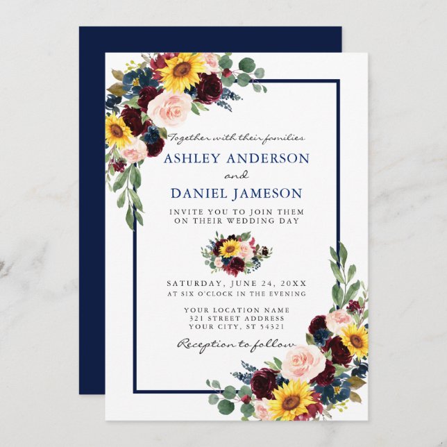 Watercolor Mixed Floral Wedding Blue Frame Invitation (Front/Back)