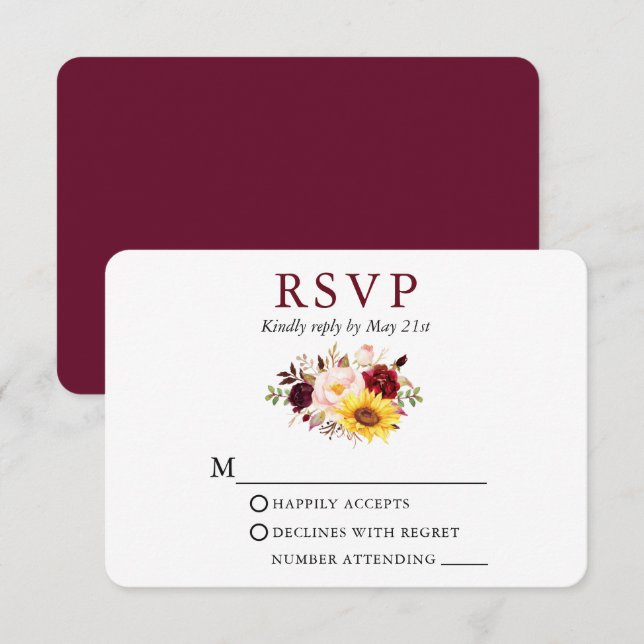 Watercolor Mixed Floral Wedding Burgundy RSVP Card (Front/Back)
