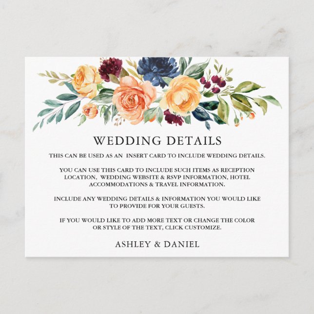 Watercolor Mixed Floral Wedding Details Card (Front)