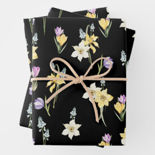Watercolor Mixed Garden Spring Flowers Black  Wrapping Paper Sheet