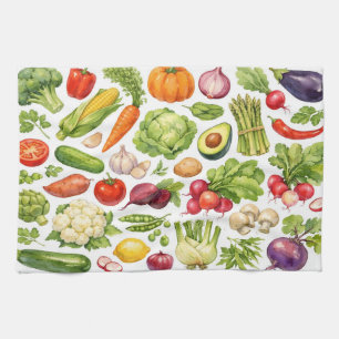 Watercolor Mixed Summer Vegetables and Herbs Kitchen Towel