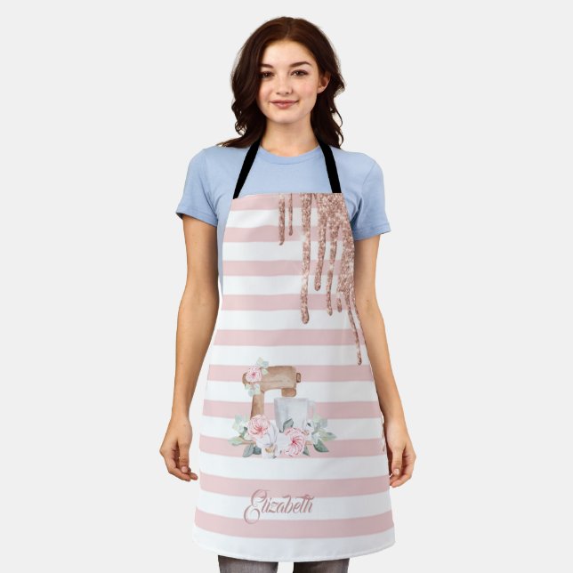 Watercolor Mixer,Flowers,Glitter Drips, Stripes   Apron (Worn)