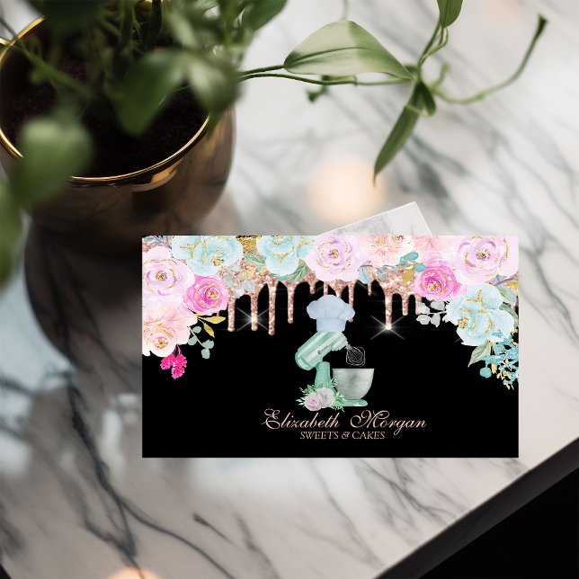 Watercolor Mixer Flowers Rose Gold Drips Bakery  Business Card (Creator Uploaded)