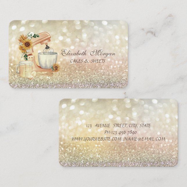 Watercolor Mixer Sunflowers Bokeh Bakery  Business Card (Front/Back)