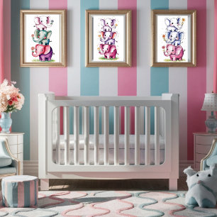 Watercolor modern 3 elephant with flower3 poster