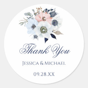 Watercolor Modern Anemone Flower Wedding Thank You Classic Round Sticker