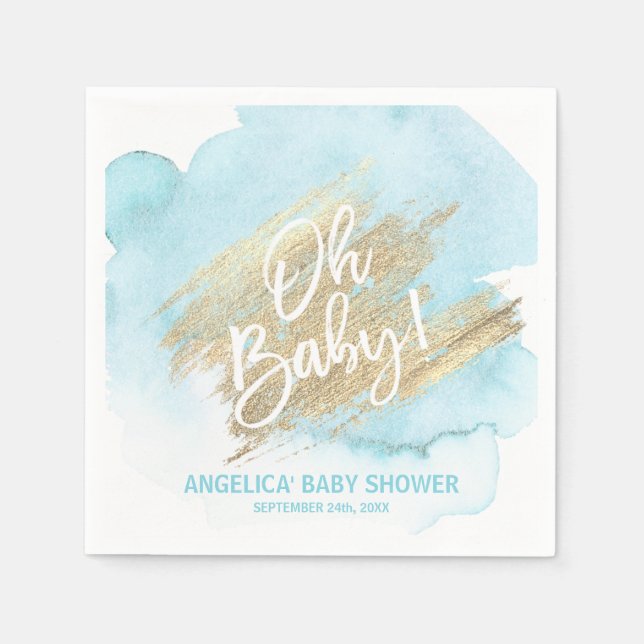 Watercolor Modern Blue Oh Baby Shower Boy Napkin (Front)