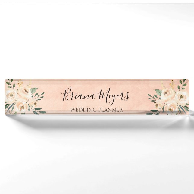 Watercolor Modern Blush Peach Hydrangeas Business  Nameplate (Front)