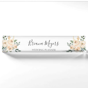 Watercolor Modern Blush Peach Hydrangeas Business Nameplate