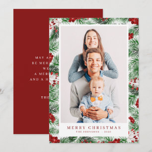 Watercolor Modern Christmas Foliage Botanicals Holiday Card