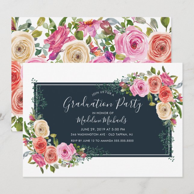 Watercolor Modern Floral Graduation Invitation (Front/Back)