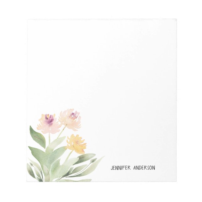 Watercolor Modern Floral Greenery Personalized Notepad (Front)
