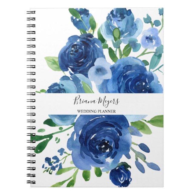 Watercolor Modern Floral Navy Blue Business Notebook (Front)