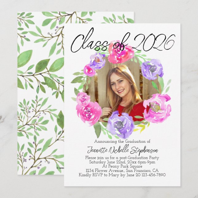 Watercolor Modern Floral Photo 2025 Graduation Invitation (Front/Back)