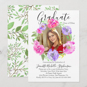 Watercolor Modern Floral Wreath Photo Graduation Invitation