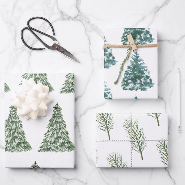 Watercolor Modern Green Pine Christmas tree Wrapping Paper Sheet (Front)