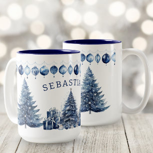 Watercolor Modern Navy Blue Christmas Tree Name Two-Tone Coffee Mug