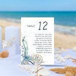Watercolor Modern Ocean Beach Wedding Seating  Table Number<br><div class="desc">Perfect for casual beach weddings and tropical destination themes, these modern coastal inspired ocean themed table number cards feature a coastal watercolor arrangement of starfish, seashells, coral and seaweed in shades of aqua and ocean blue, with the list of guests for each table. Please check out the collection for more...</div>