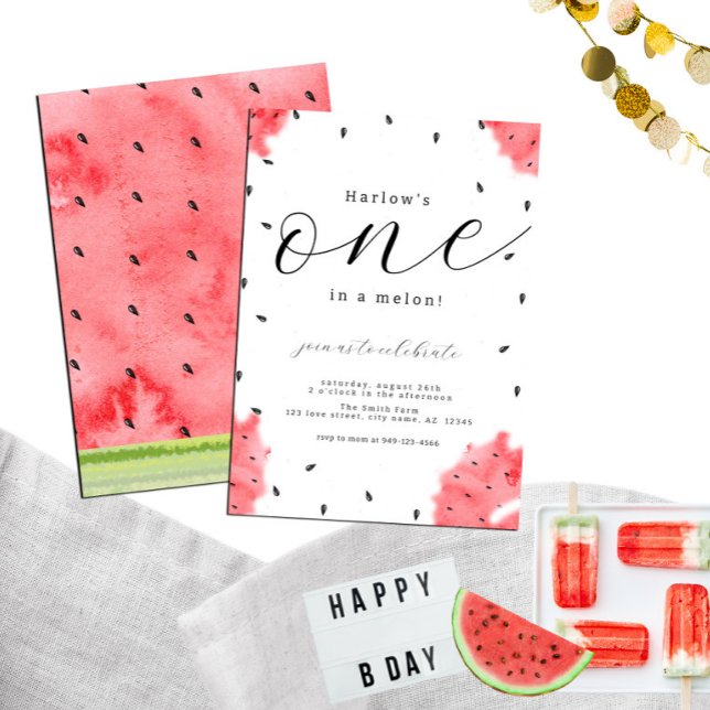 Watercolor Modern ONE in a Melon Red Watermelon  Invitation (Creator Uploaded)