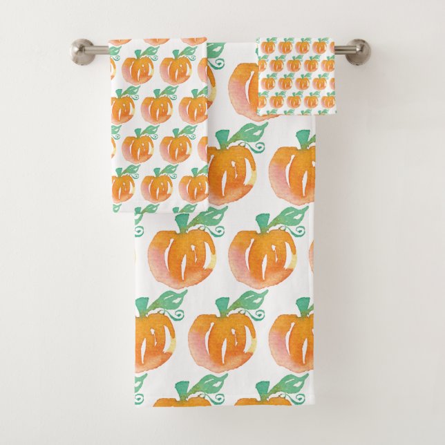 Watercolor Modern Orange Pumpkins Bath Towel Set (Insitu)