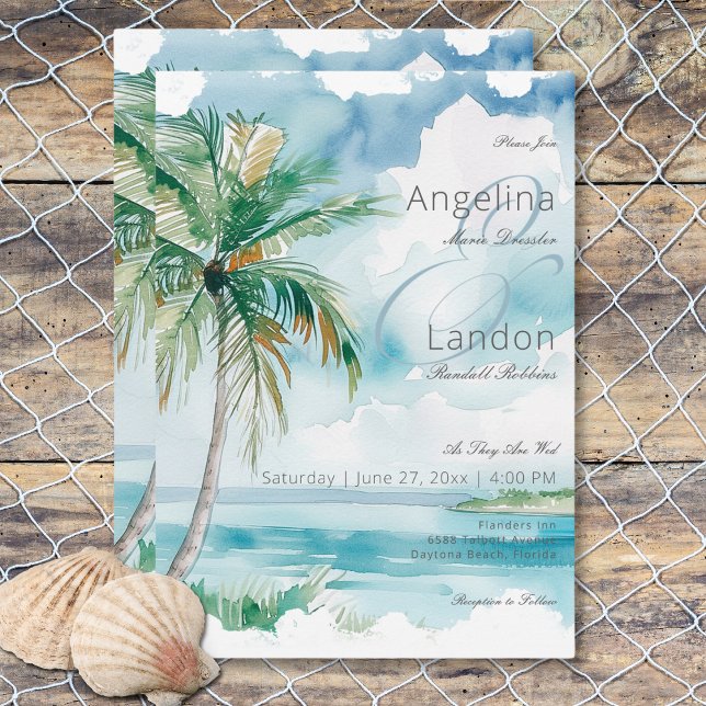 Watercolor Modern Palms & Beach Scene Wedding Invitation (Watercolor Modern Palms & Beach Scene Wedding Invitation)