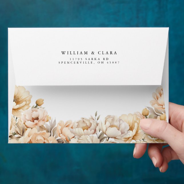 Watercolor Modern Peony Pastel Floral Wedding Envelope (Hand)
