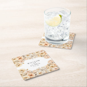 Watercolor Modern Peony Pastel Floral Wedding Square Paper Coaster