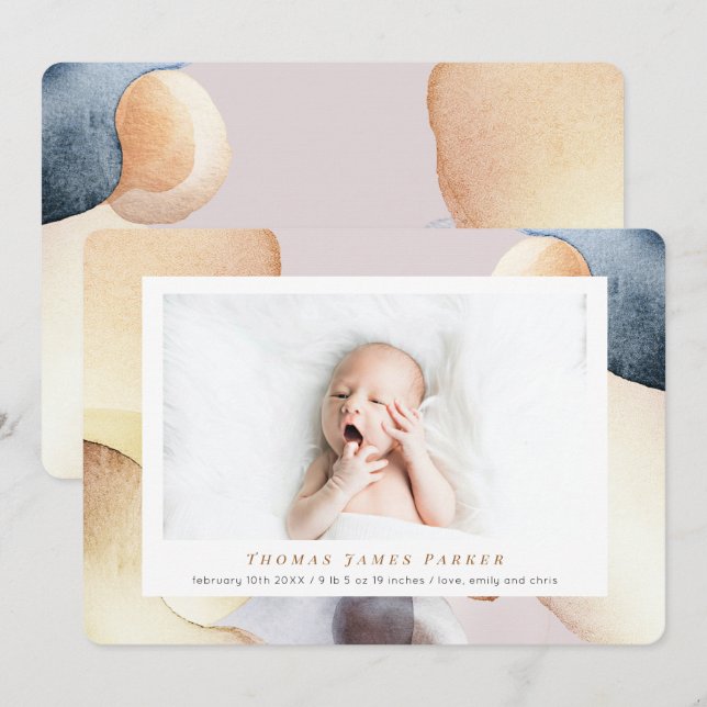 Watercolor Modern Photo Birth Announcement (Front/Back)
