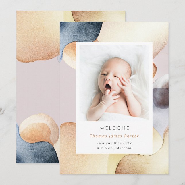 Watercolor Modern Photo Birth Announcement (Front/Back)