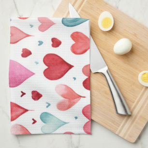 Watercolor Modern Red Pink Blue Heart Pattern Kitchen Towel