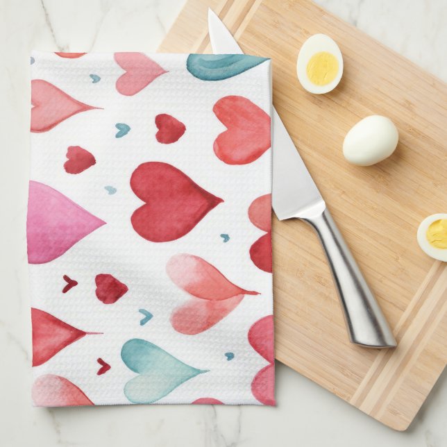 Watercolor Modern Red Pink Blue Heart Pattern Kitchen Towel (Quarter Fold)