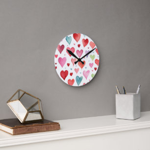 Watercolor Modern Red Pink Blue Heart Pattern Round Clock