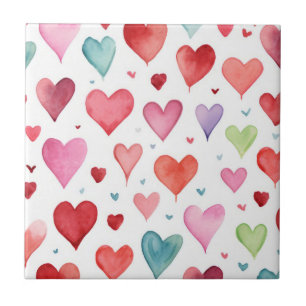 Watercolor Modern Red Pink Blue Heart Pattern Tile