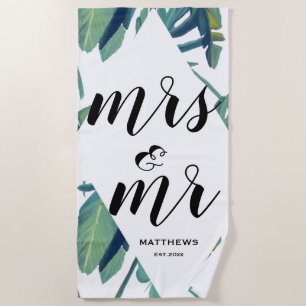 Watercolor Modern Tropical mrs & mr Summer Holiday Beach Towel