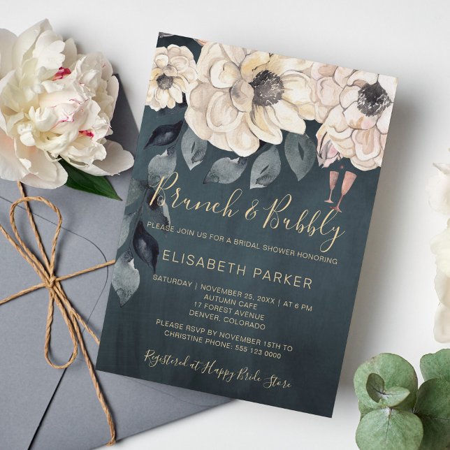 Watercolor modern white flowers brunch and bubbly invitation (Creator Uploaded)