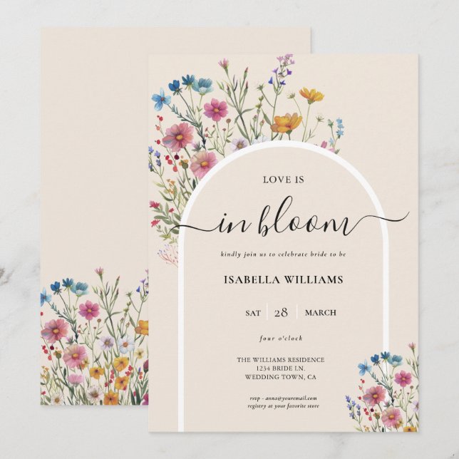 Watercolor Modern Wildflower Bridal Shower Invitation (Front/Back)