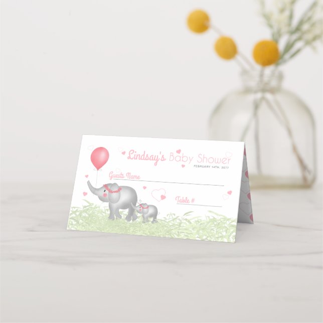 Watercolor Mom & Baby Elephants Pink Heart Pattern Place Card (Front)