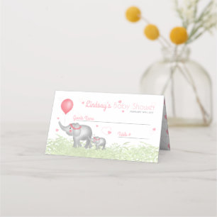 Watercolor Mom & Baby Elephants Pink Heart Pattern Place Card
