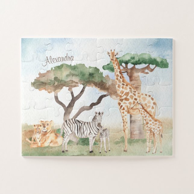 Watercolor Mommy and Baby African Animals Jigsaw Puzzle (Horizontal)