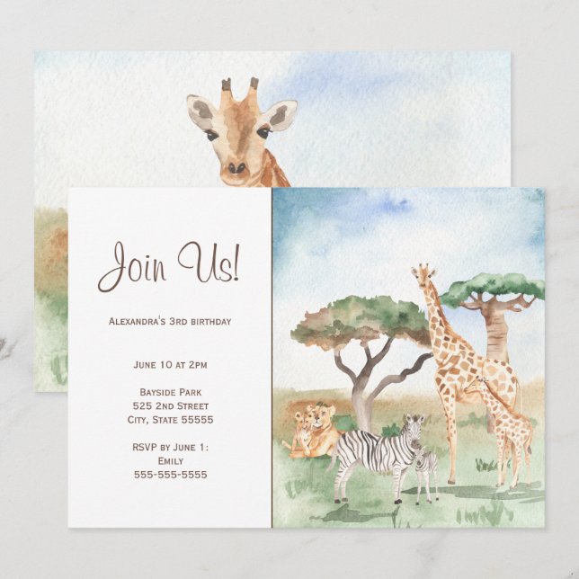 Watercolor Mommy and Baby African Animals Party Invitation (Front/Back)