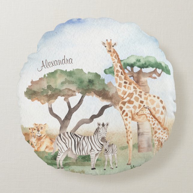 Watercolor Mommy and Baby African Animals Round Pillow (Front)