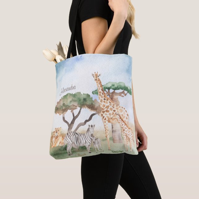 Watercolor Mommy and Baby African Animals Tote Bag (Close Up)