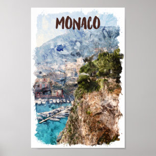 Watercolor Monaco Retro Travel Port View Poster