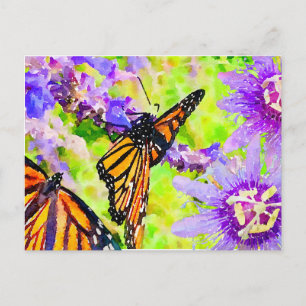 Watercolor Monarch Butterflies and Purple Flowers Postcard