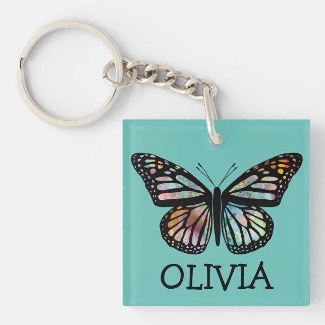Watercolor Monarch Butterfly Teal CUSTOMIZE IT Keychain (Front)