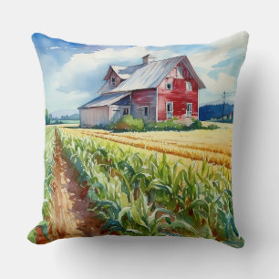 Watercolor Monitor Barn and Corn Field Throw Pillow