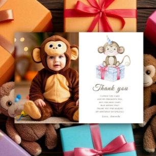Watercolor Monkey birthday party thank you Card