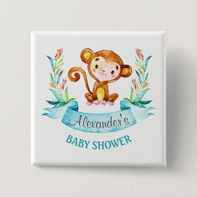 Watercolor Monkey Boy Baby Shower 2 Inch Square Button (Front)