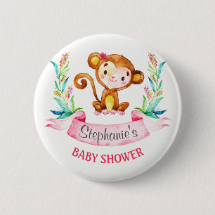 Watercolor Monkey Girl Baby Shower 2 Inch Round Button