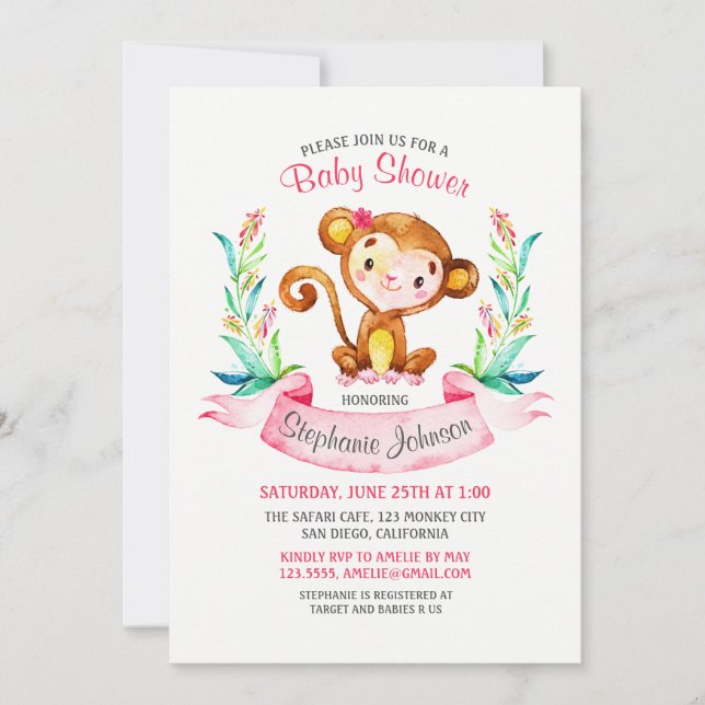 Watercolor Monkey Girl Baby Shower Invitation (Front)
